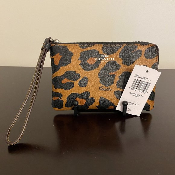 Coach Handbags - Coach Leopard Print Coated Canvas Corner Zip Wristlet